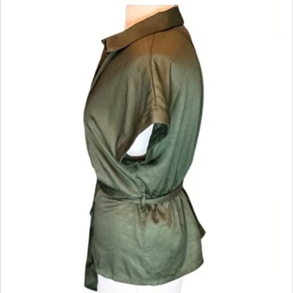 Luna Skies Button-Up Blouse Short Sleeve Utility Safari Olive Green Top Small - Picture 3 of 8